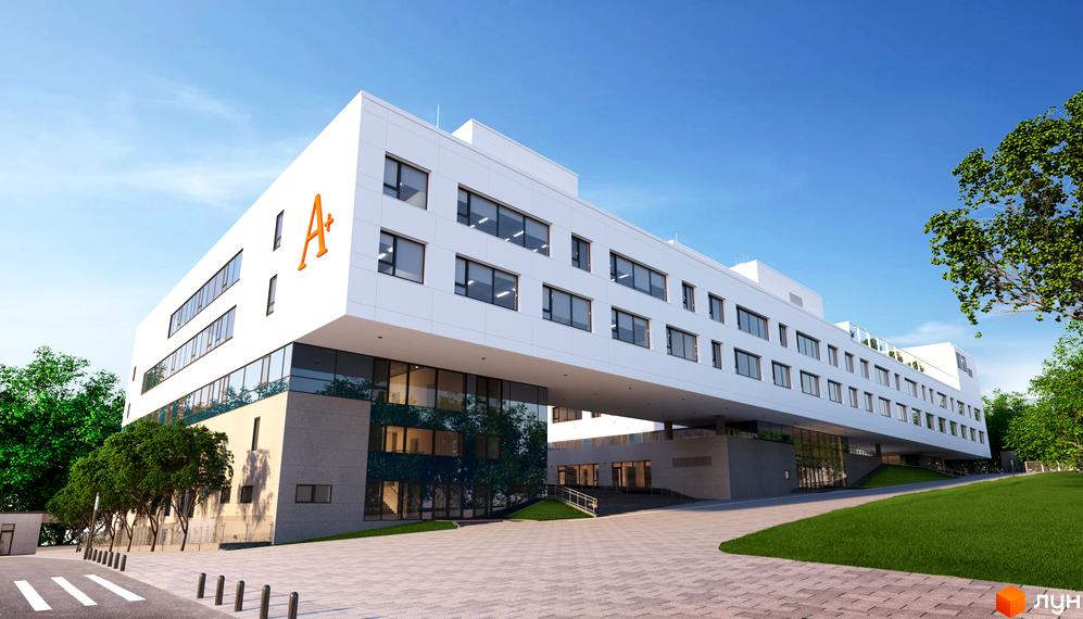 Біла багатоповерхова будівля комплексу БІОРИТМ з великими вікнами та помаранчевим логотипом 