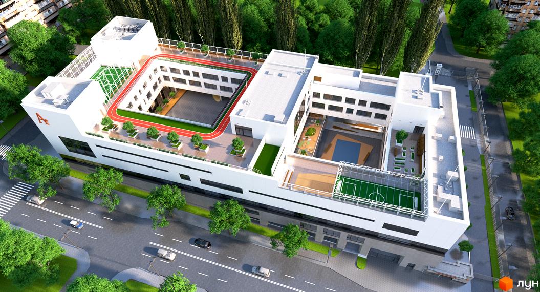 Житловий комплекс БІОРИТМ: білий багатоповерховий будинок з великими вікнами. На даху розташовані бігова доріжка, спортивні майданчики та зелені зони.