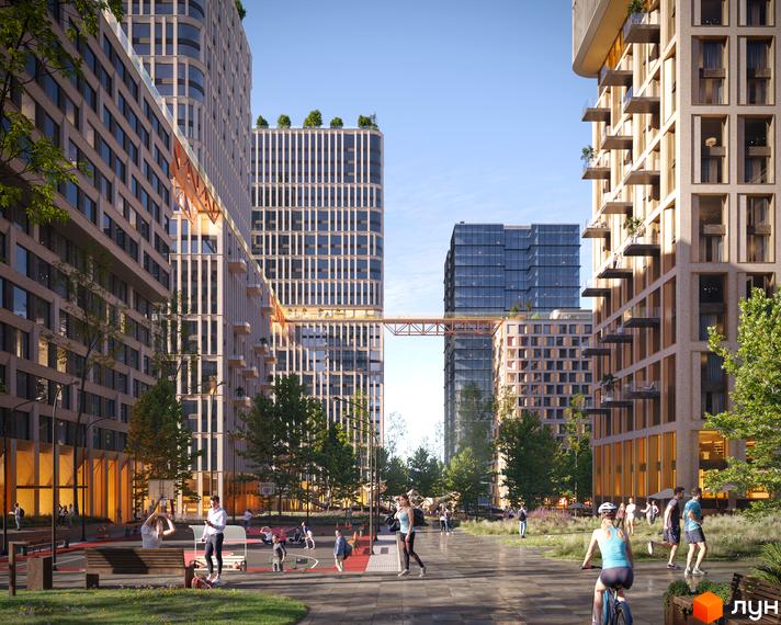 Житловий комплекс БІОРИТМ представлений висотними будинками з різними фасадами, з'єднаними переходами. Прибудинкова територія має зелені зони, спортивні майданчики та доріжки.