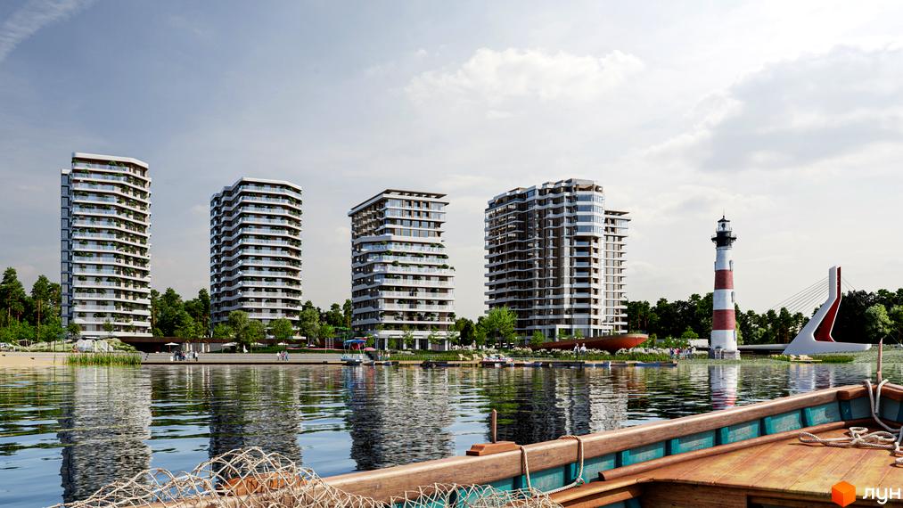 Житловий комплекс River Port: високі будинки з балконами та озелененням, розташовані біля води з маяком та зеленою зоною.