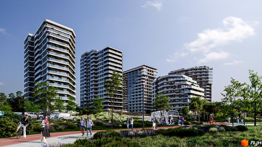 Житловий комплекс River Port: висотні будинки з округлими балконами та озелененням. На передньому плані паркова зона з доріжками та людьми.