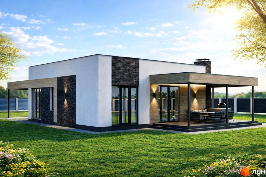 Котеджне містечко Bucha Village: одноповерховий будинок з білими стінами, темною цеглою та критою терасою. Доглянутий газон з квітами.