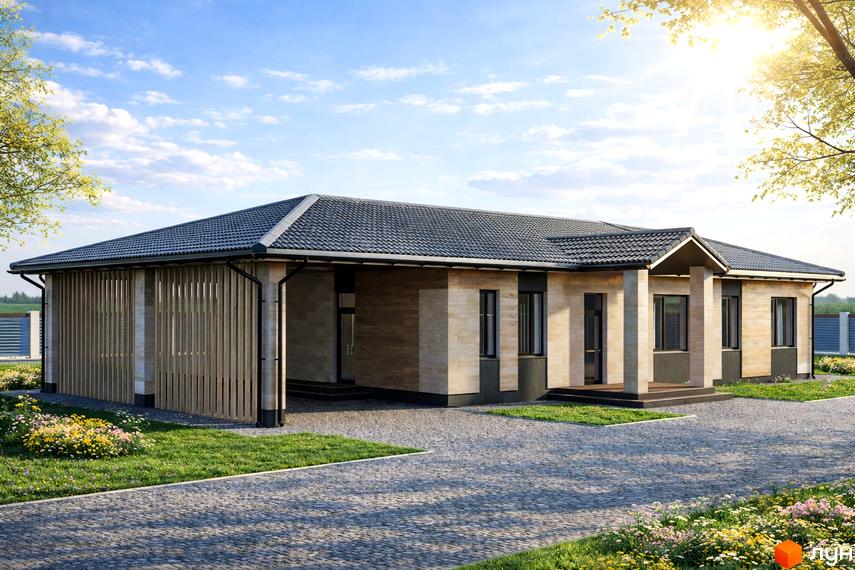 Одноповерховий будинок Котеджного містечка Bucha Village з бежевим фасадом, темним дахом та навісом для авто. Перед будинком вимощена дорога та зелений газон з квітами.