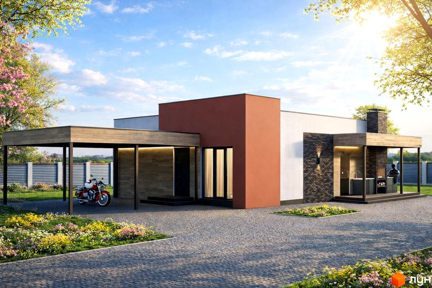 Котеджне містечко КМ Bucha Village: одноповерховий будинок з червоною та білою обшивкою, навісом для авто та зоною барбекю. Прибудинкова територія з квітковими клумбами та бруківкою.