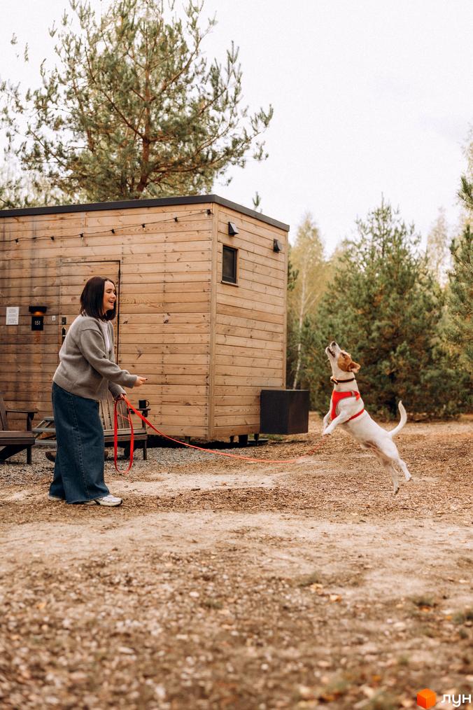 Комплекс відпочинку УЛІС Дудки: дерев'яна будівля з вікном та дверима, поруч з якою дівчина грається з собакою на подвір'ї.