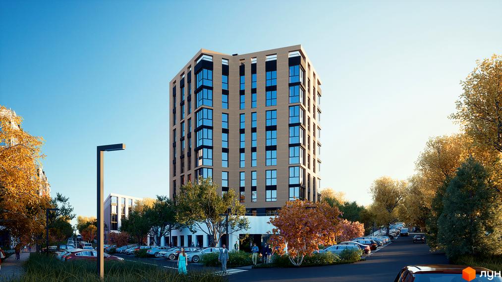 Багатоповерховий будинок Житлового комплексу PERFECT City зі світлим фасадом та синіми вікнами. Прилегла територія з паркінгом та осінніми деревами.
