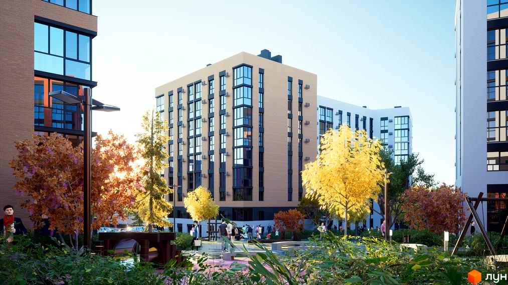 Багатоповерхові будинки Житлового комплексу PERFECT City з цегляними фасадами та великими вікнами. Прибудинкова територія з осінніми деревами та зонами відпочинку.
