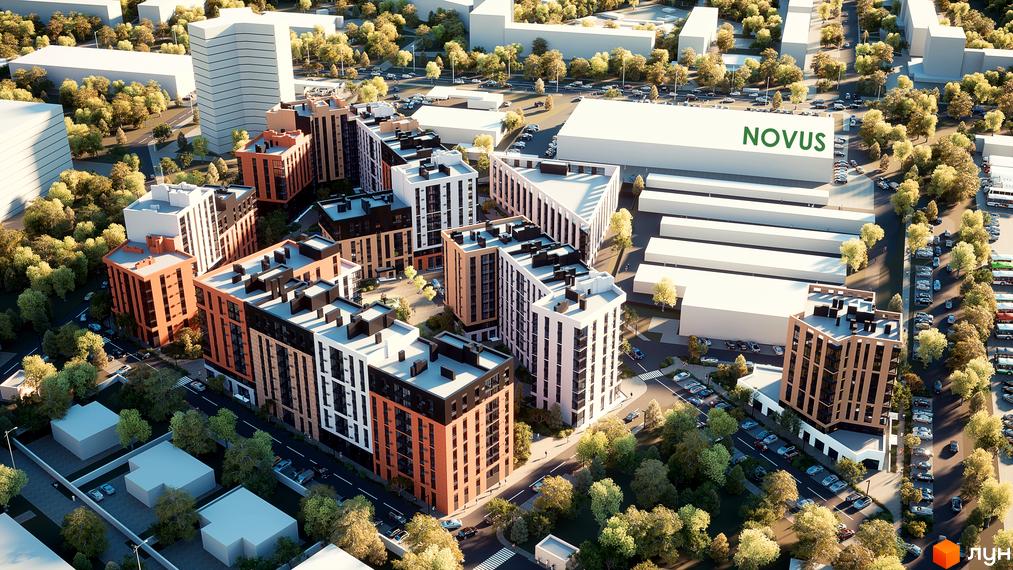 Аерофото Житлового комплексу PERFECT City з багатоповерховими будинками в помаранчевих, коричневих та білих тонах, оточеними зеленими насадженнями та інфраструктурою.