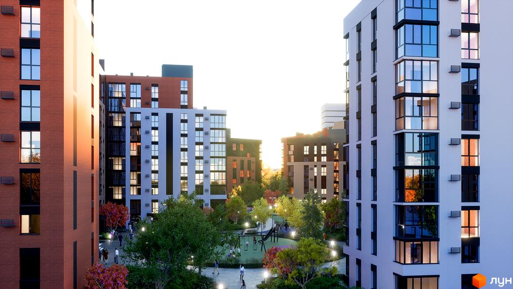 Житловий комплекс PERFECT City з багатоповерховими будинками цегляного та світлого кольору, великими вікнами та скляними балконами. Внутрішній двір має зелені насадження, дитячий майданчик та освітлені доріжки.
