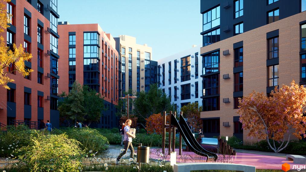 Житловий комплекс PERFECT City: будинки з цегляними фасадами та темними вікнами. Внутрішній двір озеленений, облаштований дитячим майданчиком.
