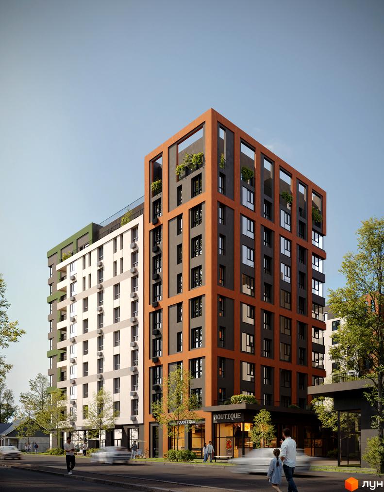 Житловий комплекс Атлант: два багатоповерхові будинки, один з помаранчевим фасадом та зеленню, інший світлий, з магазинами та деревами.