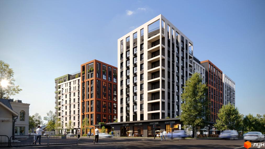 Житловий комплекс Атлант: багатоповерхові будинки з білими, помаранчевими та темно-сірими фасадами. На перших поверхах бутіки, поруч дерева та дорога.