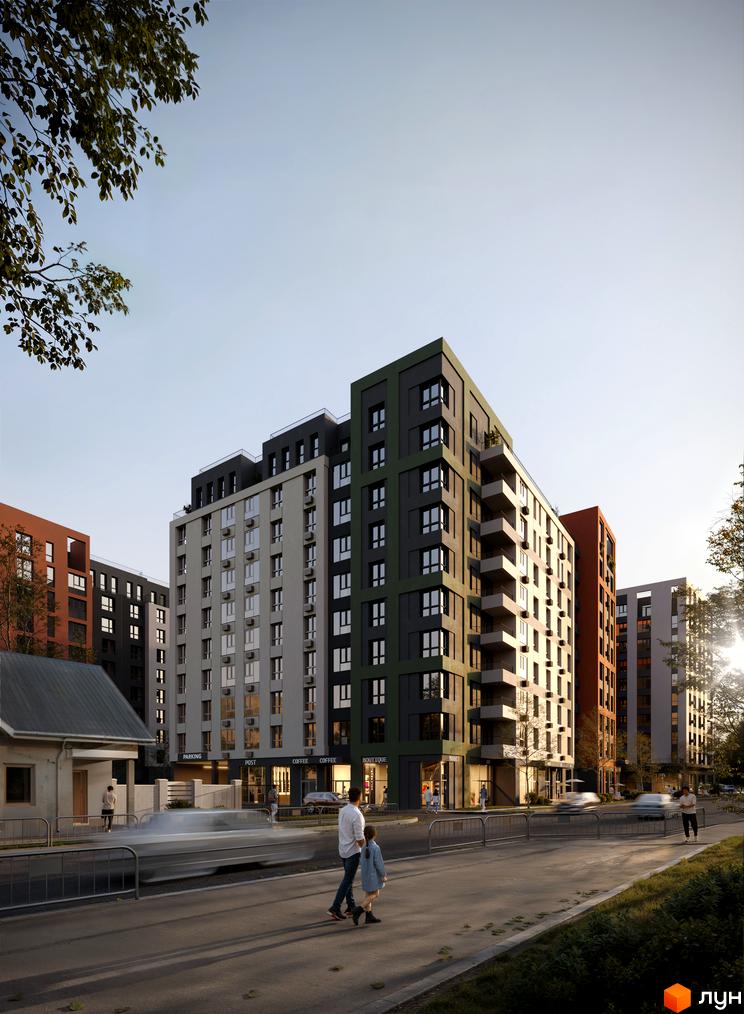 Житловий комплекс Атлант: багатоповерхові будинки сірого, темно-зеленого та помаранчевого кольорів з комерційними приміщеннями. Вулиця з пішоходами та деревами біля будинків.