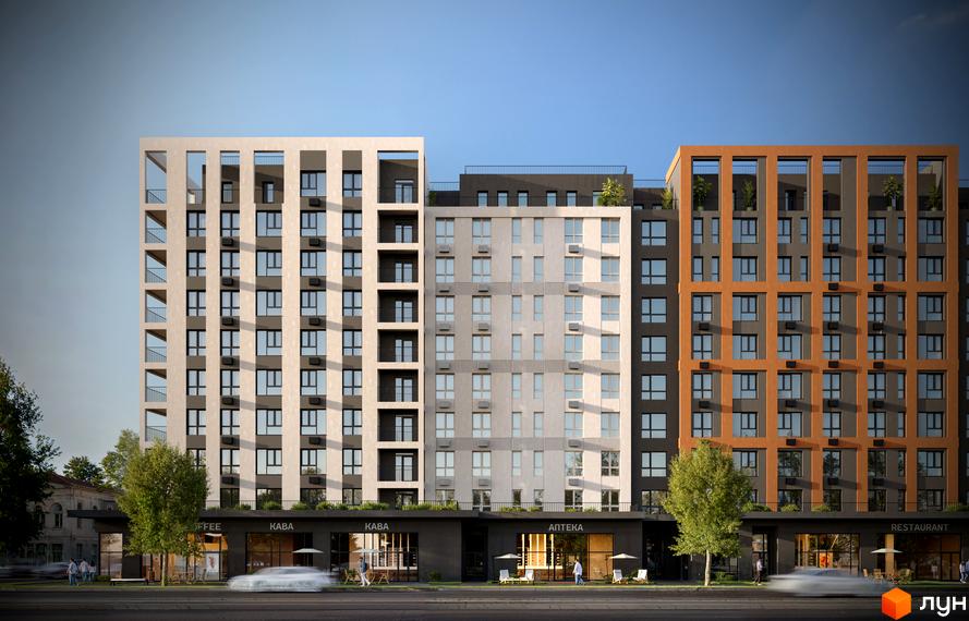 Житловий комплекс Атлант: багатоповерхові будинки бежевого, сірого, помаранчевого кольорів. На першому поверсі магазини, поруч вулиця та дерева.