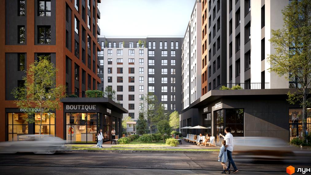 Новобудова Атлант: багатоповерхові будинки з фасадами сірого, білого та теракотового кольорів, комерційні площі та зелений двір.