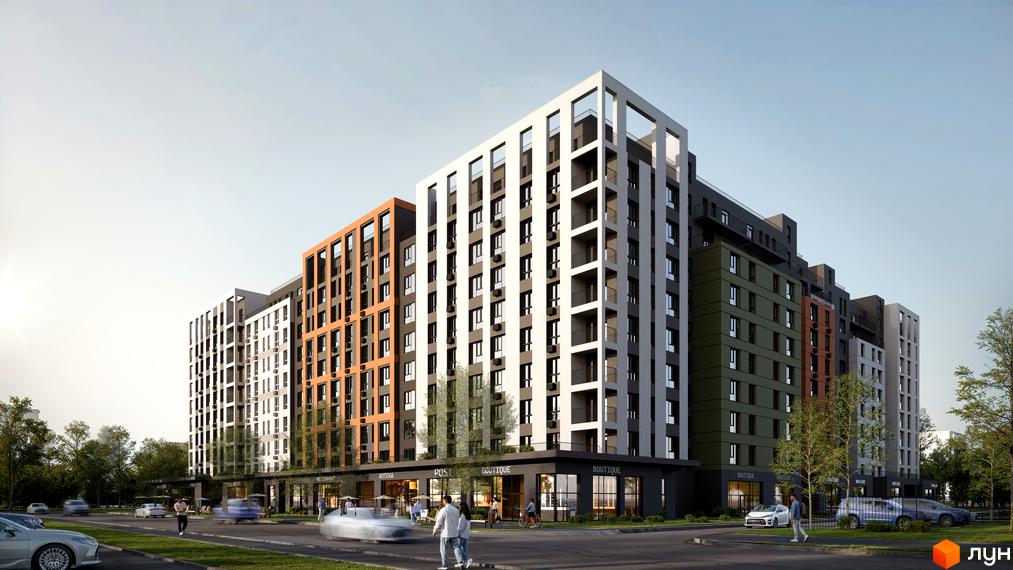 Житловий комплекс Атлант з багатосекційними будинками різної висоти та кольору, з комерційними приміщеннями на першому поверсі. Поруч дорога, пішоходи та зелені насадження.