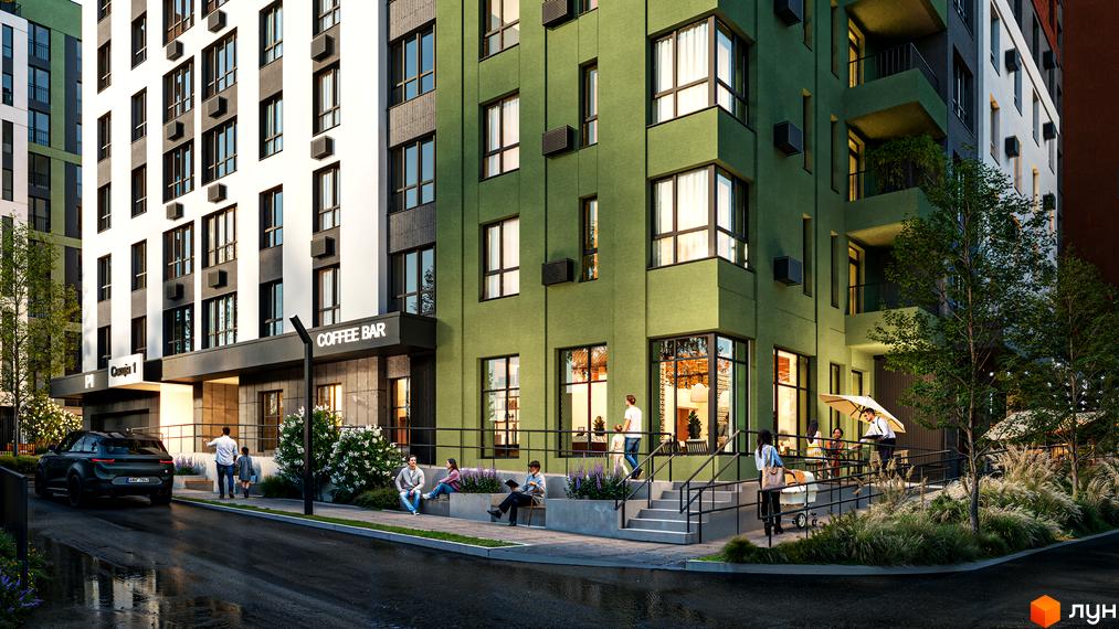 Житловий комплекс Атлант з біло-зеленими фасадами та великими вікнами. Навколо облаштована територія з пішохідними зонами, зеленню та кав'ярнею.