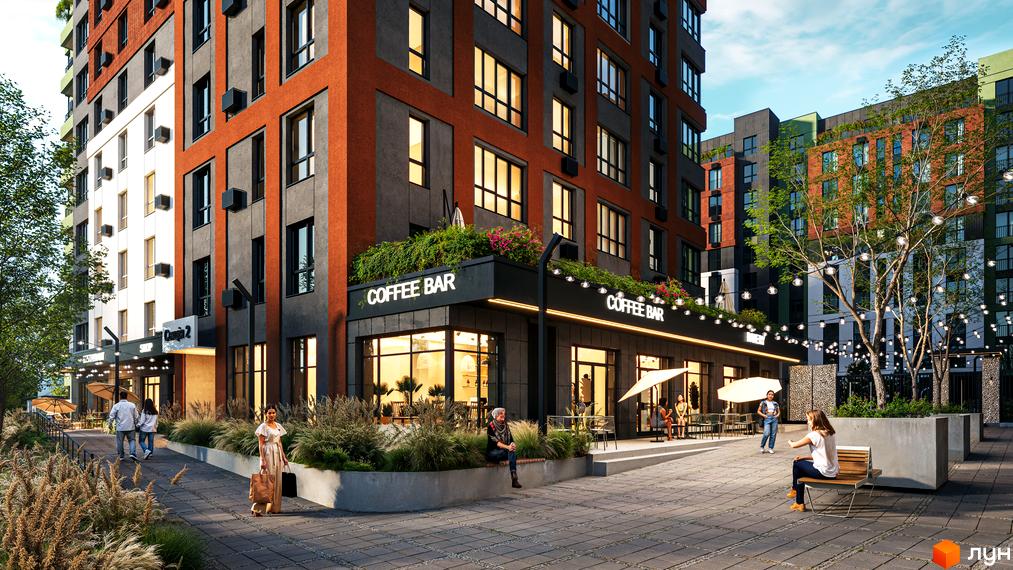 Фасад Житлового комплексу Атлант у червоно-помаранчевих та темно-сірих тонах. На першому поверсі COFFEE BAR з терасою та озелененою територією.