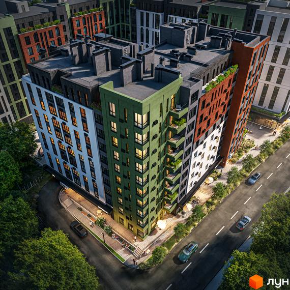 Житловий комплекс Атлант з різнокольоровими фасадами та балконами з озелененням. Навколо будинку дорога, зелені насадження та пішохідна зона з кафе.