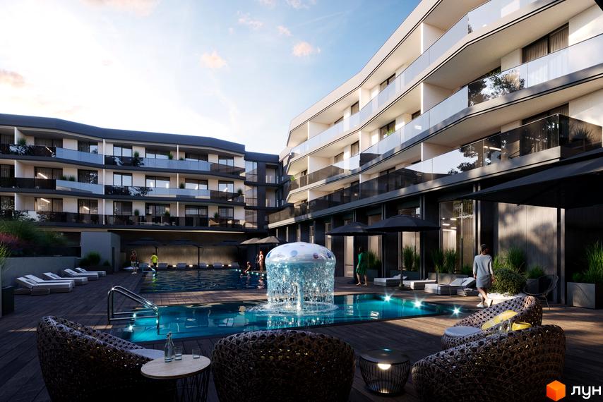 Житловий комплекс Stone Space: багатоповерхові будинки з вигнутими фасадами та скляними балконами. На території є басейн з фонтаном та місця для відпочинку.