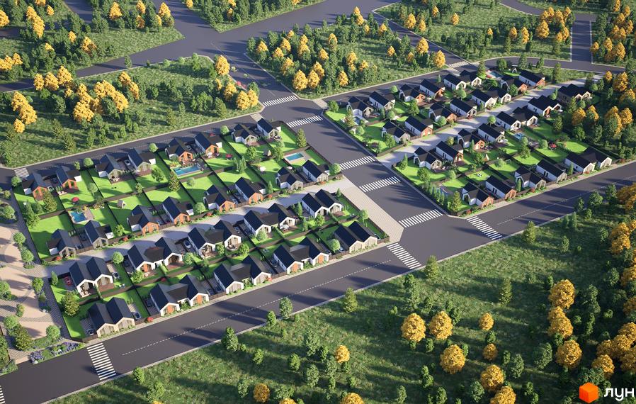 Котеджне містечко Місто Своїх: вид зверху на забудову з одноповерховими будинками, світлими фасадами та темними дахами. На ділянках є зелені газони, дерева, дороги з розміткою та басейни.