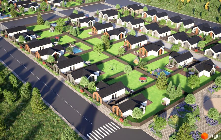 Котеджне містечко Місто Своїх: двоповерхові будинки з чорними дахами та білими стінами, дворики з басейнами, зонами відпочинку та дитячими майданчиками.