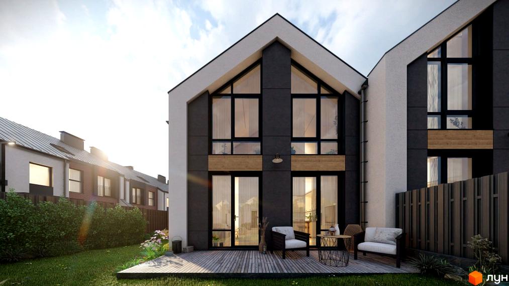 Таунхауси EDEM Таун з великими вікнами та дерев'яними елементами фасаду, на передньому плані зелена галявина та тераса з двома кріслами.