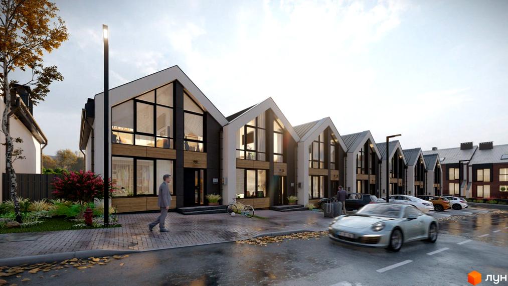 Таунхауси EDEM Town: сучасний архітектурний вигляд, фасади з великими вікнами, прибудинкова територія з доглянутим ландшафтом та припаркованими автомобілями.