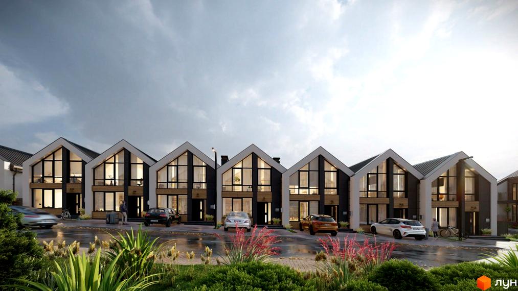 Таунхауси EDEM Таун з великими вікнами та сучасними фасадами, розташовані вздовж вулиці з припаркованими автомобілями та зеленою зоною.