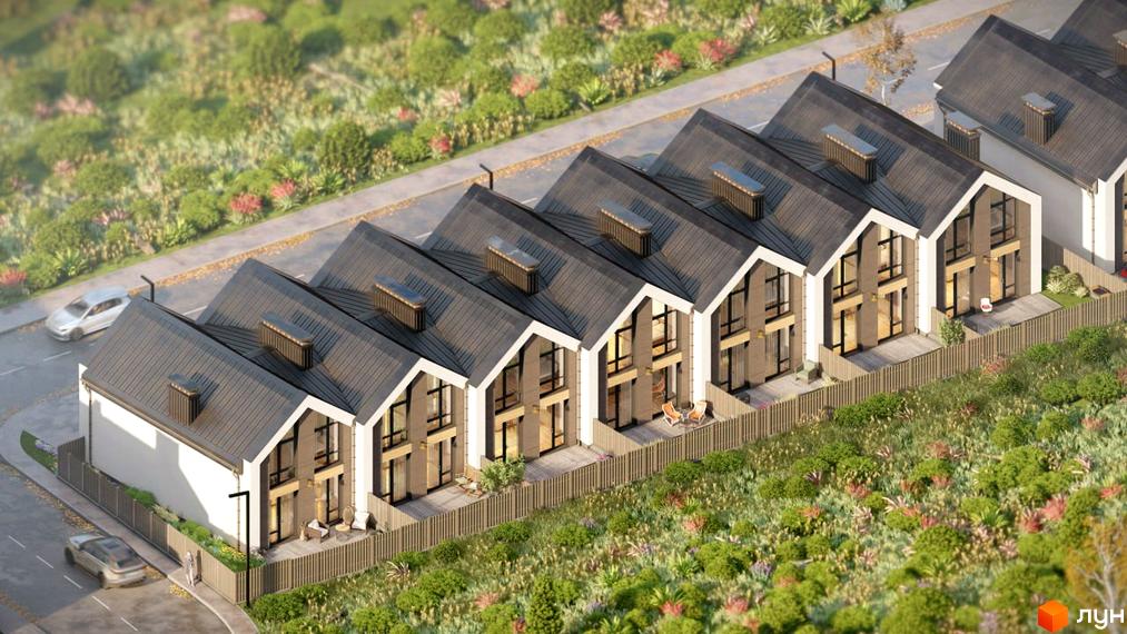 Таунхауси EDEM Таун з темними дахами та великими вікнами, розташовані вздовж дороги з зеленими насадженнями.