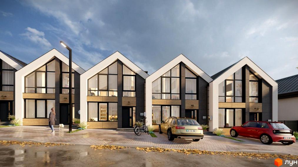 Таунхауси EDEM Таун з великими вікнами та індивідуальними паркомісцями. На території є доріжки, зелені насадження та автомобілі.