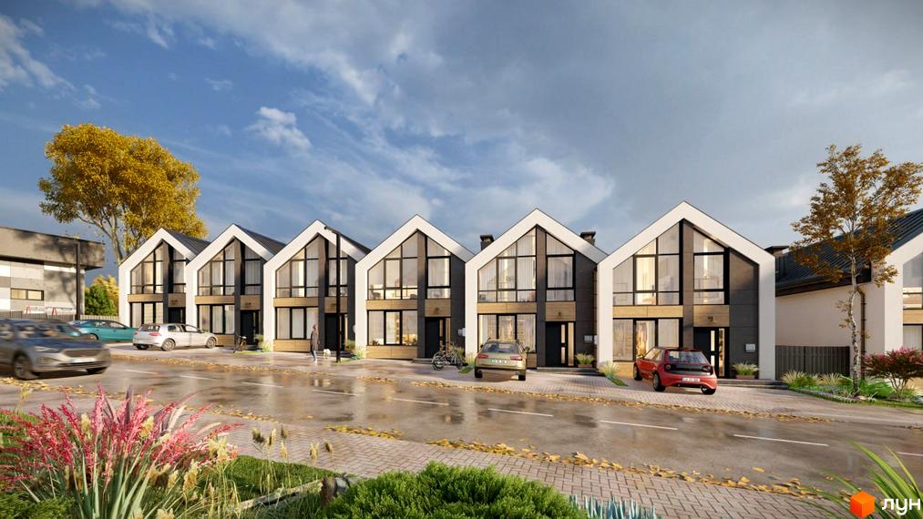 Таунхауси EDEM Таун з великими панорамними вікнами та індивідуальними паркомісцями. Навколо будинків розташовані доглянуті зелені зони та бруковані доріжки.