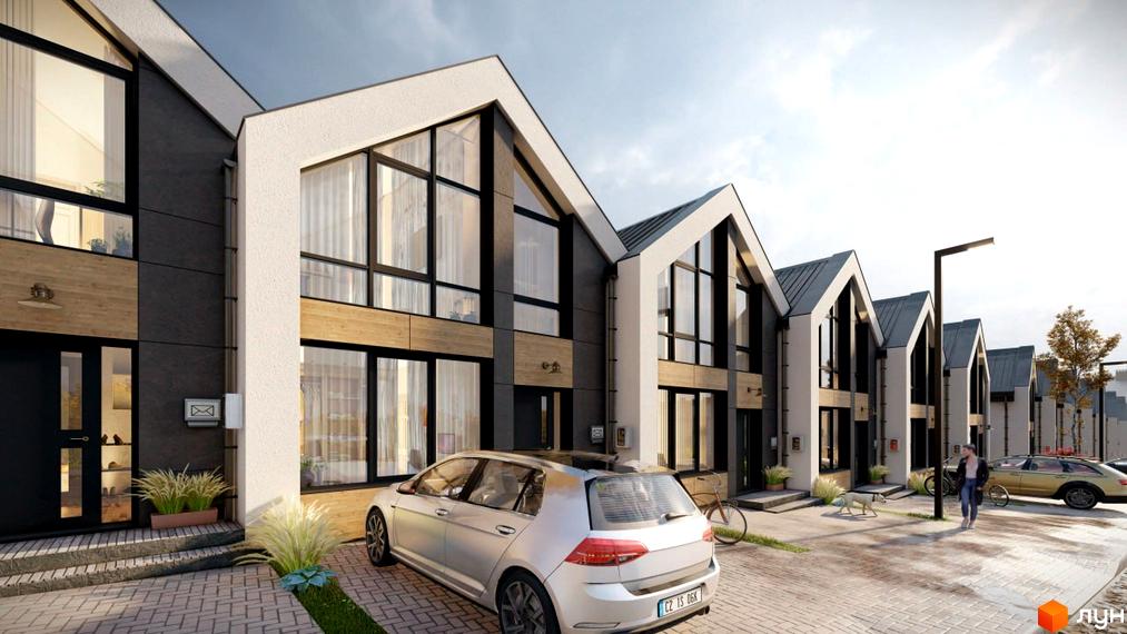 Зовнішній вигляд таунхаусів EDEM Town з великими вікнами та прибудинковою територією з автомобілем та велосипедом. Комплекс має сучасну архітектуру та доглянутий двір.