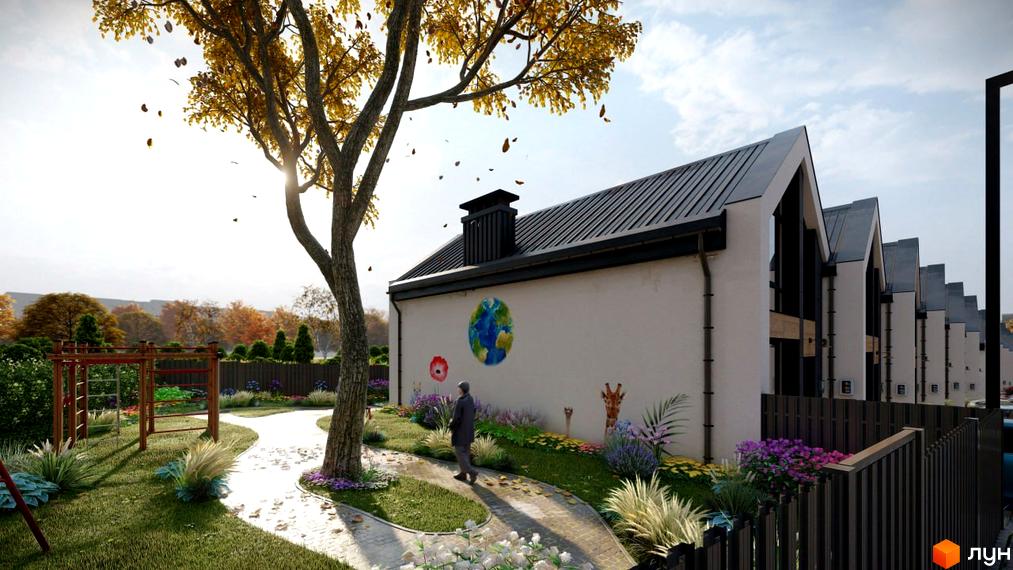 Таунхауси EDEM Таун з індивідуальним дизайном стін та дитячим майданчиком. Зелена прибудинкова територія з деревами та квітами.