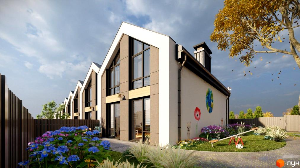 Таунхауси EDEM Таун з індивідуальними двориками та дитячим майданчиком. Фасади будинків оздоблені світлими та темними панелями, з великими вікнами.