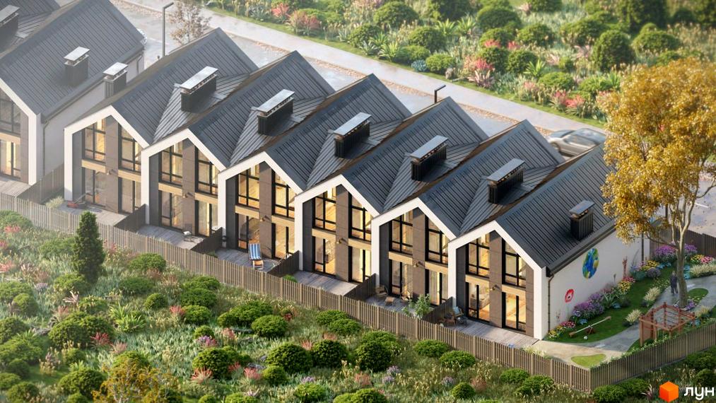 Таунхауси EDEM Таун з темними дахами та великими вікнами. Прибудинкова територія з зеленими насадженнями та дитячим майданчиком.