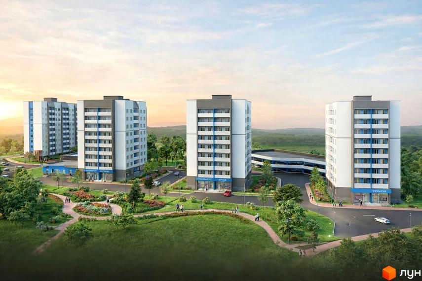 Житловий комплекс PetrovSky: багатоповерхові будинки з біло-блакитними фасадами та прибудинкова територія з парком та доріжками.