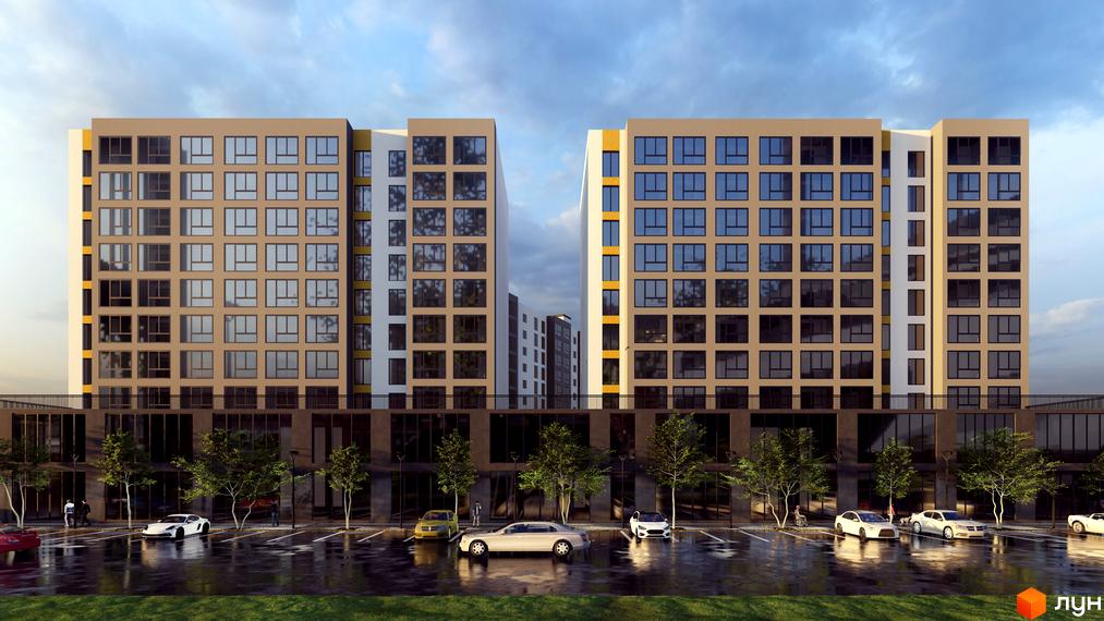 Житловий комплекс Площа Ринок: дві багатоповерхові будівлі світло-коричневого кольору з великими вікнами. Перед ними паркінг з автомобілями та деревами.