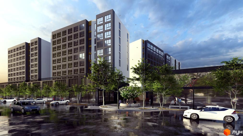 Житловий комплекс Площа Ринок. Сучасна архітектура будівель з великою кількістю вікон, зелена прибудинкова територія з деревами та місцями для відпочинку.