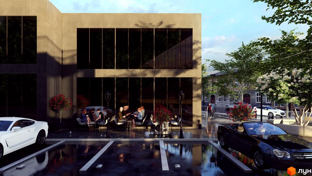 Житловий комплекс Площа Ринок з сучасною архітектурою та доглянутою прибудинковою територією з парковкою та зеленими насадженнями.