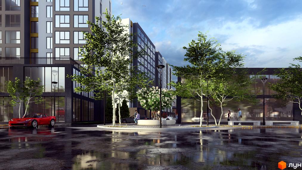 Житловий комплекс Площа Ринок з сучасними фасадами та доглянутою прибудинковою територією з деревами та місцями для відпочинку.