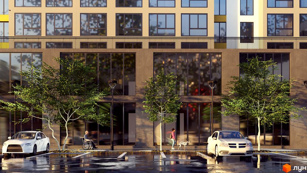 Житловий комплекс Площа Ринок. Фасад будівлі з великими вікнами, прибудинкова територія з деревами, автомобілями та людьми.