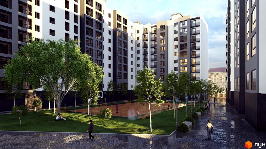 Житловий комплекс Площа Ринок з баскетбольним майданчиком та зеленими зонами. Сучасна архітектура новобудови з великою кількістю вікон.