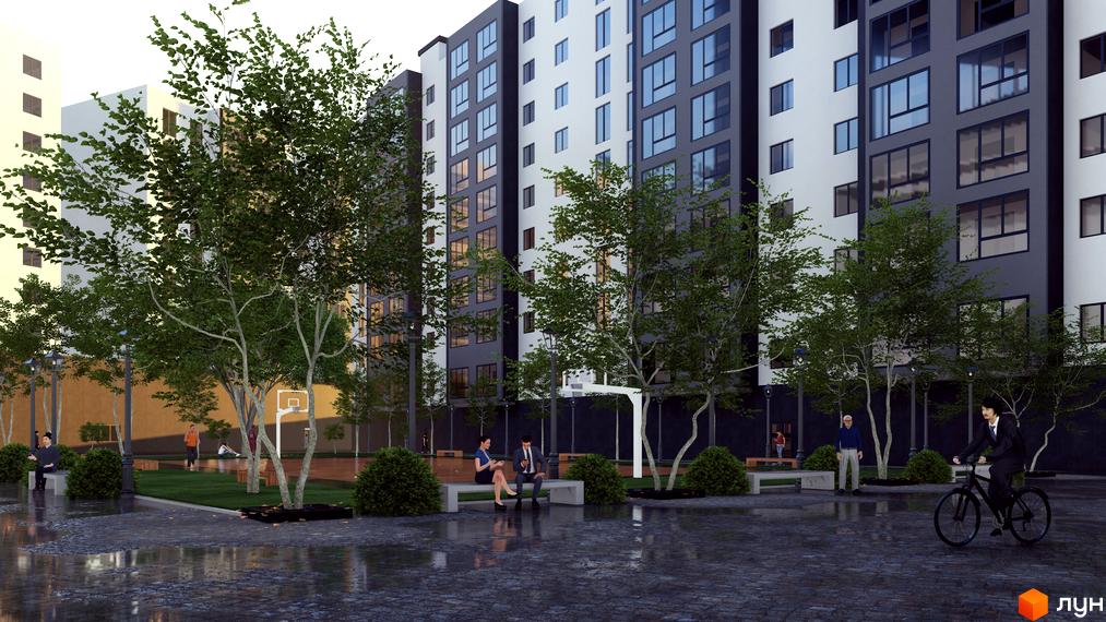 Багатоповерхові будинки Житлового комплексу Площа Ринок з білими та темно-сірими фасадами. Прибудинкова територія з деревами, кущами та спортивним майданчиком.