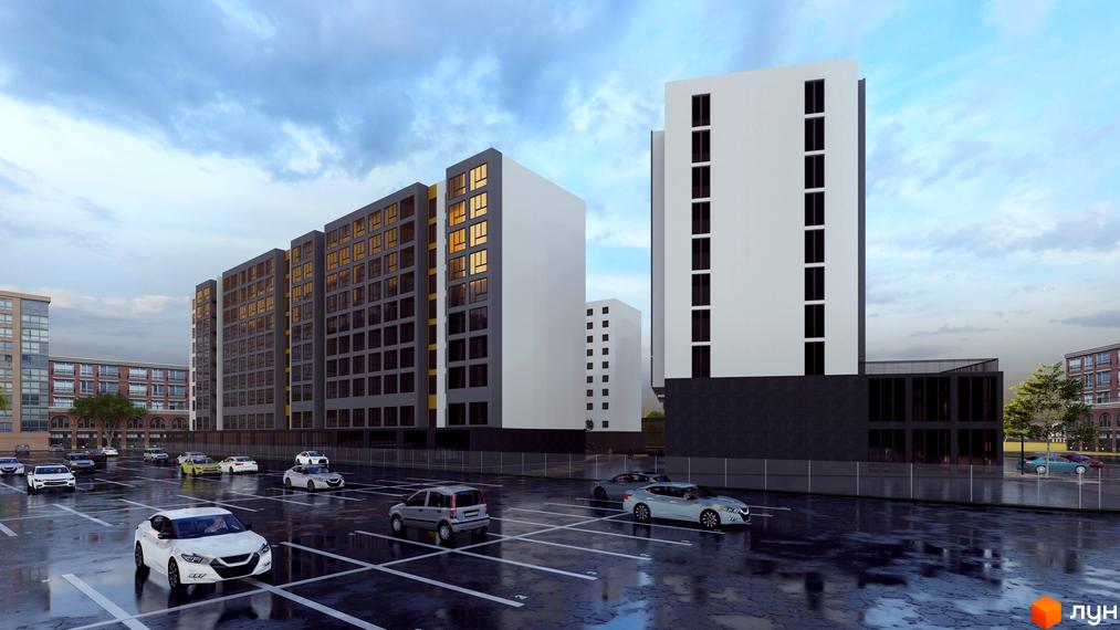 Житловий комплекс Площа Ринок з сучасними фасадами та паркінгом. Новобудова оточена доглянутою територією з деревами та паркувальними місцями.