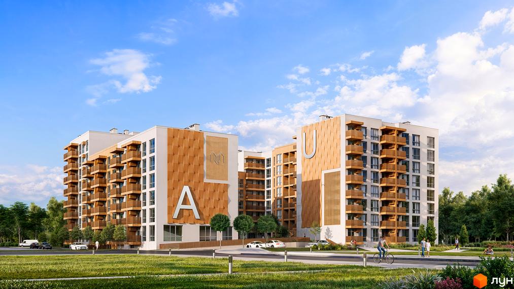 Житловий комплекс AUROOM DISTRICT: багатоповерхові будинки з білими фасадами, дерев'яними елементами та літерами А, U. Навколо газони, дерева, доріжки.