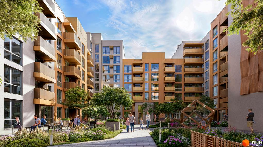 Житловий комплекс AUROOM DISTRICT: багатоповерхові будинки з балконами та світлими фасадами. Озеленений двір з доріжками, квітами та місцями для відпочинку.