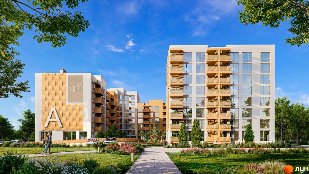 Житловий комплекс AUROOM DISTRICT має світлі фасади з дерев'яними балконами та декоративними панелями. На передньому плані доглянуті газони, квітники та пішохідні доріжки.