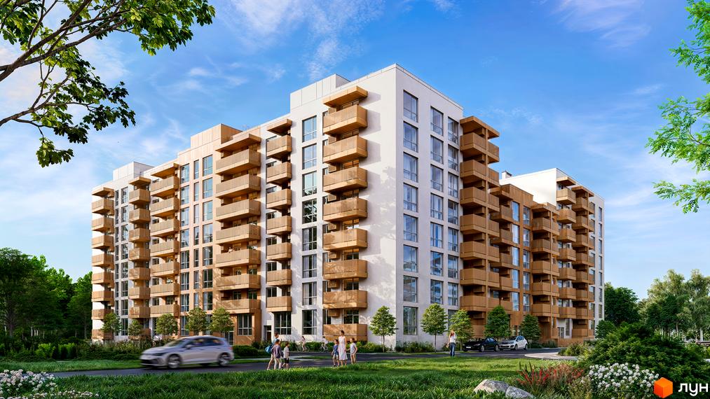 Житловий комплекс AUROOM DISTRICT з білим фасадом та дерев'яними балконами. Навколо будинку зелені насадження, дерева та пішохідні доріжки.