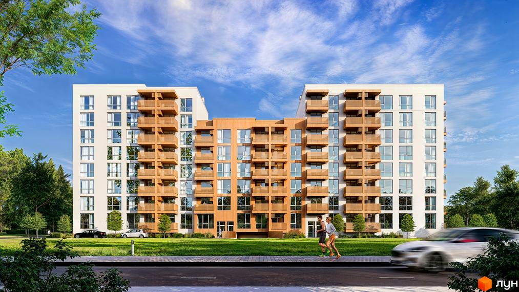 Житловий комплекс AUROOM DISTRICT має білі фасади та центральну частину з дерев'яним оздобленням і балконами. Навколо будинку є зелені газони та пішохідна зона.